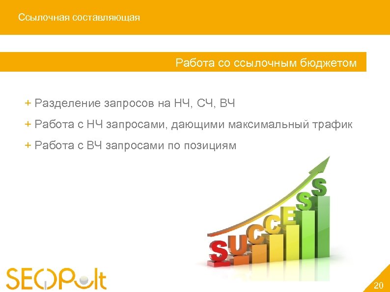 Ссылочная составляющая Работа со ссылочным бюджетом + Разделение запросов на НЧ, СЧ, ВЧ +