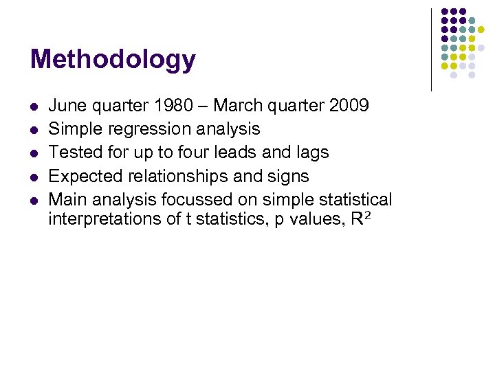 Methodology l l l June quarter 1980 – March quarter 2009 Simple regression analysis