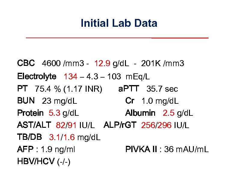 Initial Lab Data CBC 4600 /mm 3 - 12. 9 g/d. L - 201