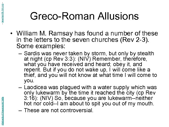 - newmanlib. ibri. org - Greco-Roman Allusions Abstracts of Powerpoint Talks • William M.