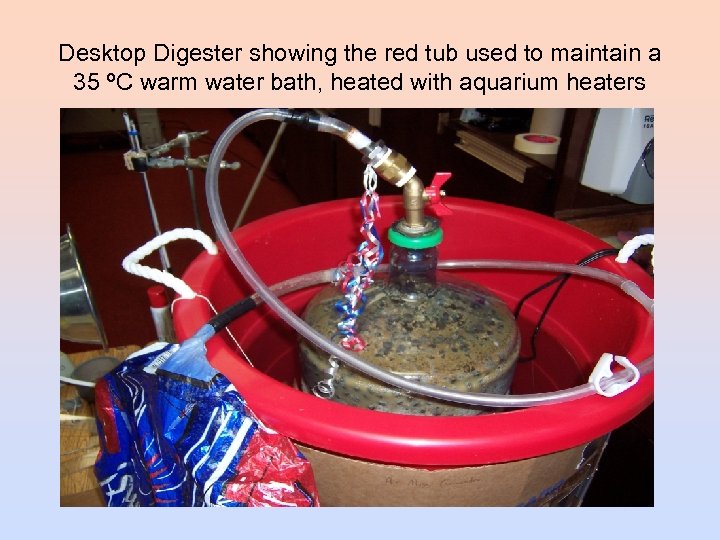 Desktop Digester showing the red tub used to maintain a 35 ºC warm water