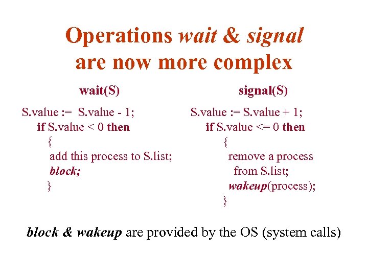 Operations wait & signal are now more complex wait(S) S. value : = S.