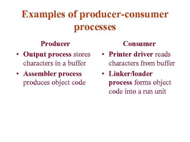 Examples of producer-consumer processes Producer • Output process stores characters in a buffer •