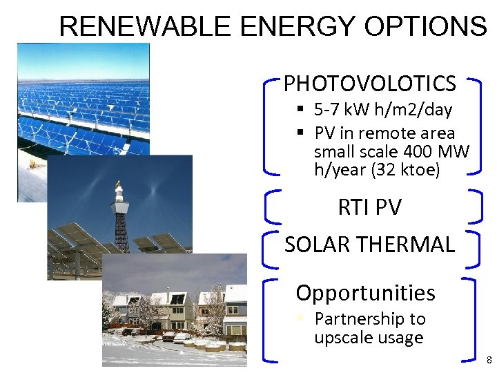 RENEWABLE ENERGY OPTIONS PHOTOVOLOTICS § 5 -7 k. W h/m 2/day § PV in