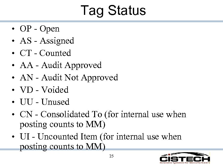 Tag Status • • OP - Open AS - Assigned CT - Counted AA