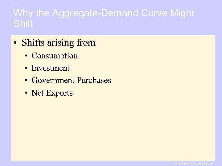 Why the Aggregate-Demand Curve Might Shift • Shifts arising from • • Consumption Investment