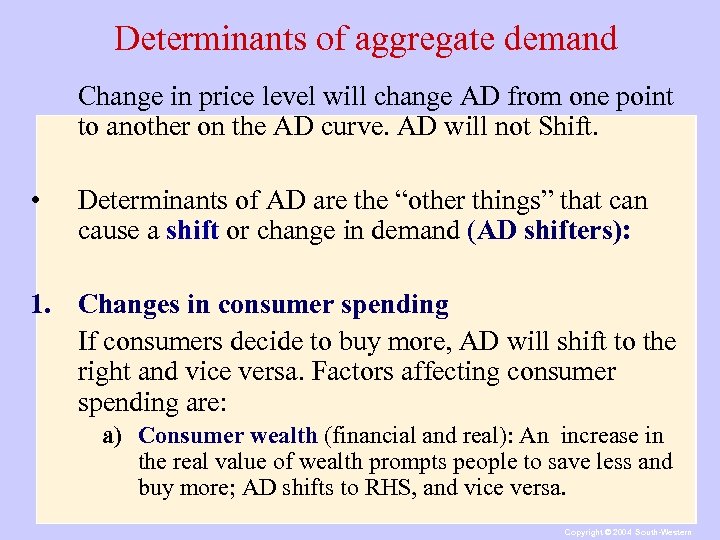 Determinants of aggregate demand Change in price level will change AD from one point