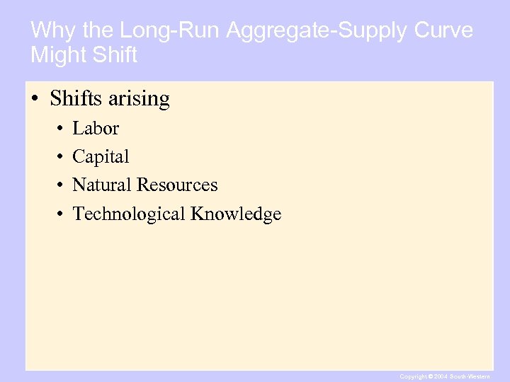 Why the Long-Run Aggregate-Supply Curve Might Shift • Shifts arising • • Labor Capital