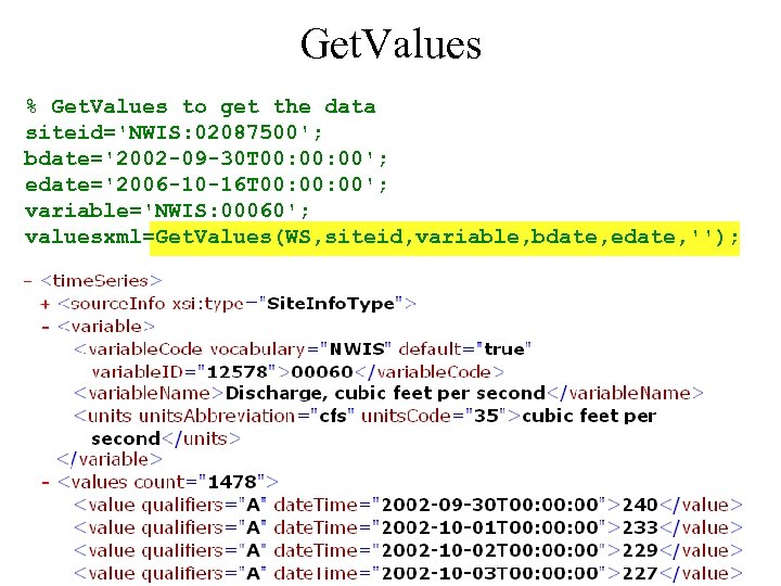 Get. Values % Get. Values to get the data siteid='NWIS: 02087500'; bdate='2002 -09 -30