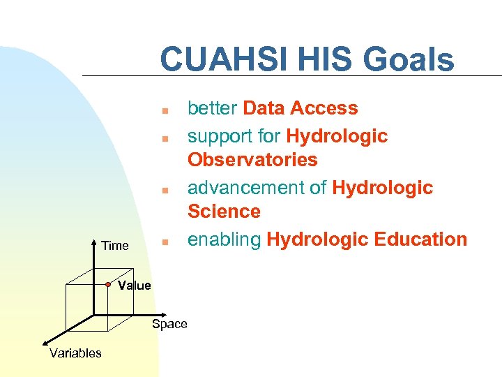 CUAHSI HIS Goals n n n Time n better Data Access support for Hydrologic