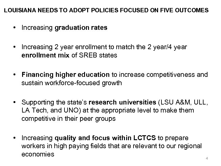 LOUISIANA NEEDS TO ADOPT POLICIES FOCUSED ON FIVE OUTCOMES • Increasing graduation rates •