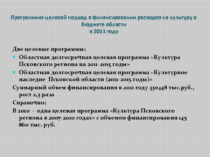 Программно-целевой подход в финансировании расходов на культуру в бюджете области в 2011 году Две