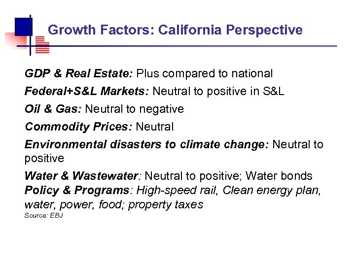  Growth Factors: California Perspective GDP & Real Estate: Plus compared to national Federal+S&L