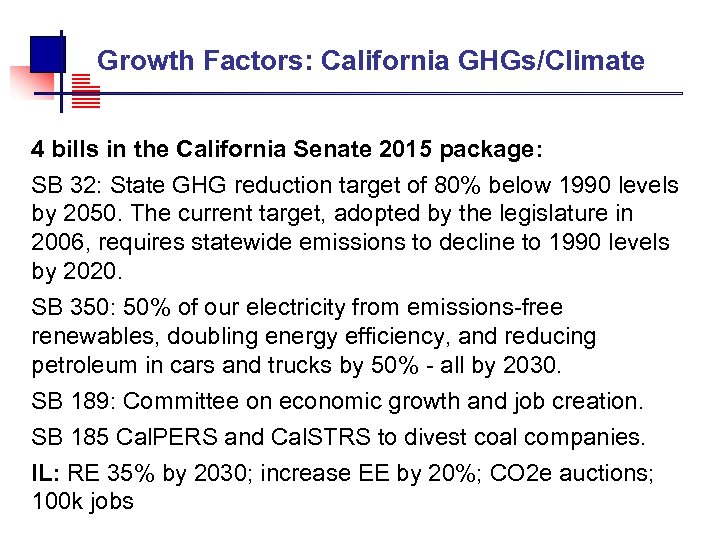  Growth Factors: California GHGs/Climate 4 bills in the California Senate 2015 package: SB
