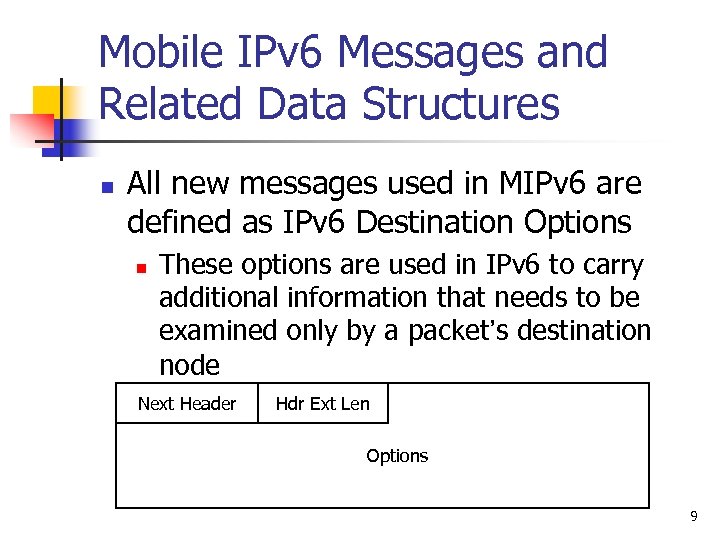 Mobile IPv 6 Messages and Related Data Structures n All new messages used in