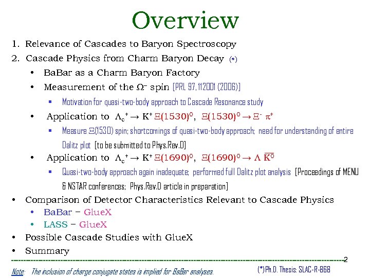 Overview 1. Relevance of Cascades to Baryon Spectroscopy 2. Cascade Physics from Charm Baryon