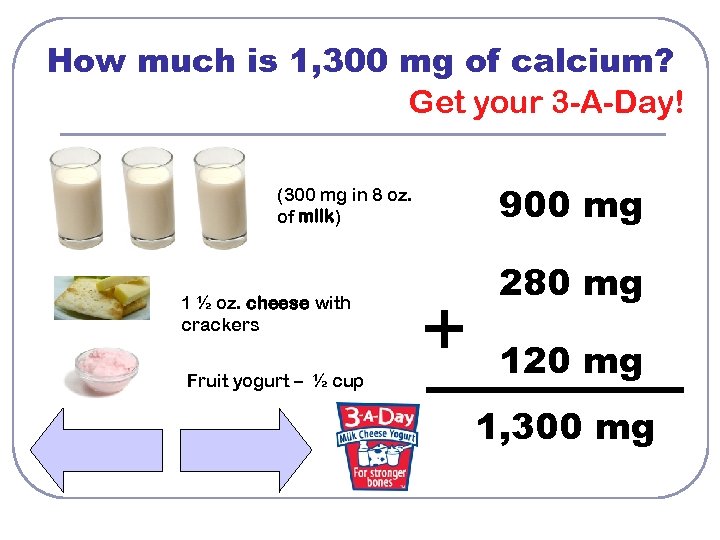 How much is 1, 300 mg of calcium? Get your 3 -A-Day! 900 mg