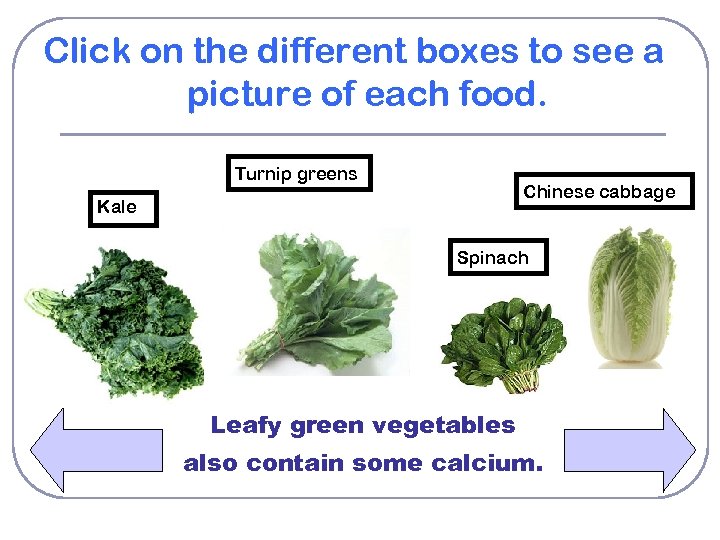 Click on the different boxes to see a picture of each food. Turnip greens