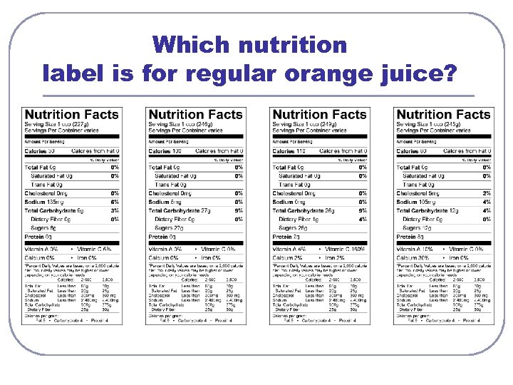 Which nutrition label is for regular orange juice? 