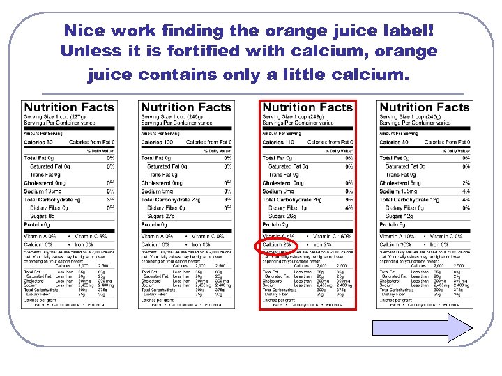 Nice work finding the orange juice label! Unless it is fortified with calcium, orange