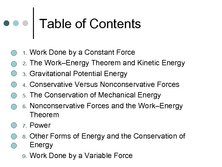 Table of Contents 1. 2. 3. 4. 5. 6. 7. 8. 9. Work Done