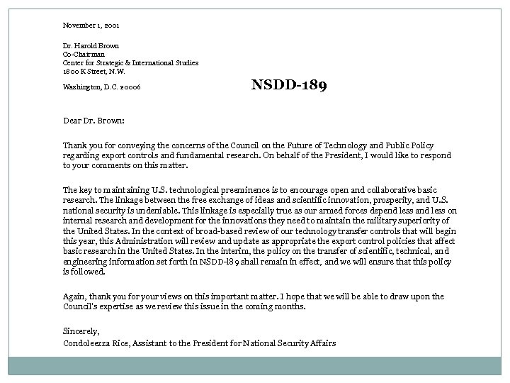 November 1, 2001 Dr. Harold Brown Co-Chairman Center for Strategic & International Studies 1800