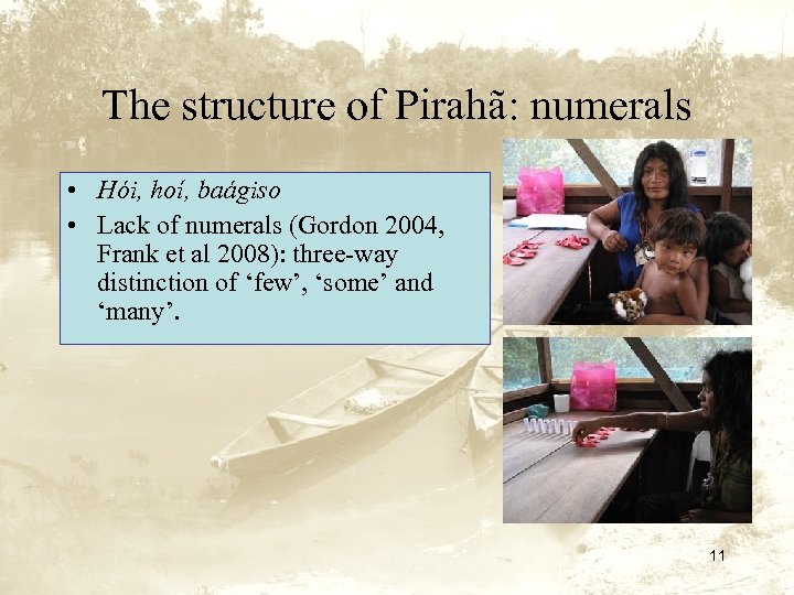 The structure of Pirahã: numerals • Hói, hoí, baágiso • Lack of numerals (Gordon