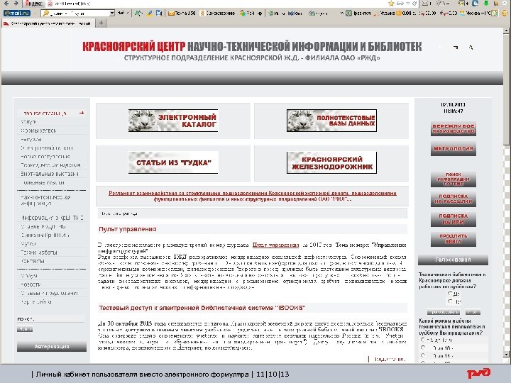 | Личный кабинет пользователя вместо электронного формуляра | 11|10|13 