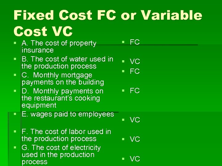 Fixed Cost FC or Variable Cost VC § A. The cost of property insurance