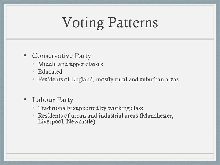 Voting Patterns • Conservative Party • Middle and upper classes • Educated • Residents