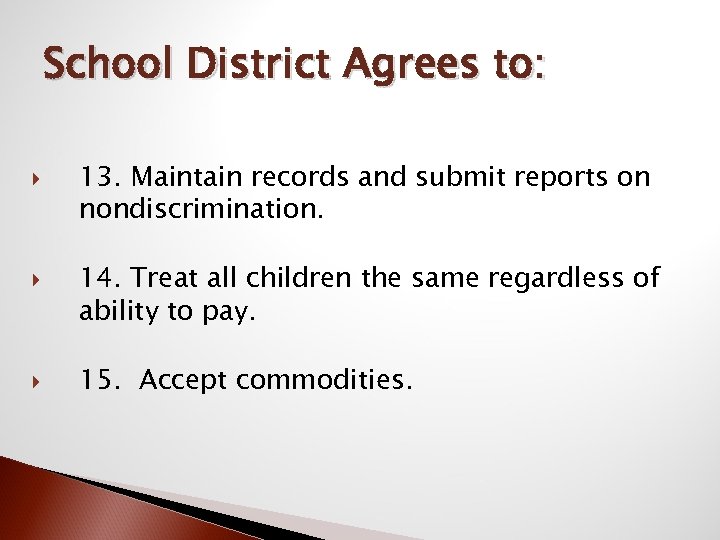 School District Agrees to: 13. Maintain records and submit reports on nondiscrimination. 14. Treat