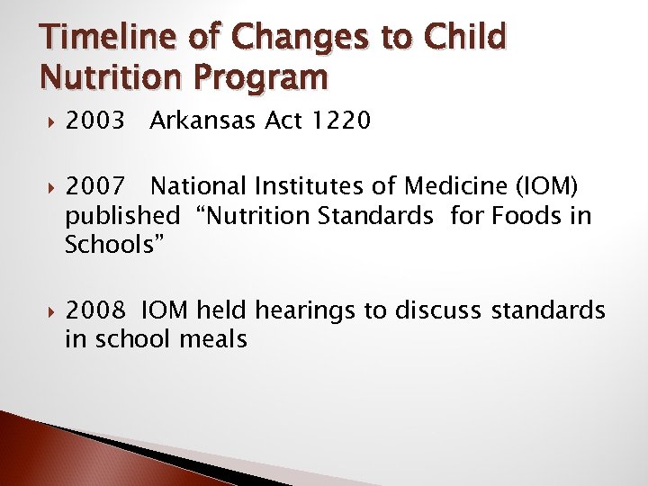 Timeline of Changes to Child Nutrition Program 2003 Arkansas Act 1220 2007 National Institutes