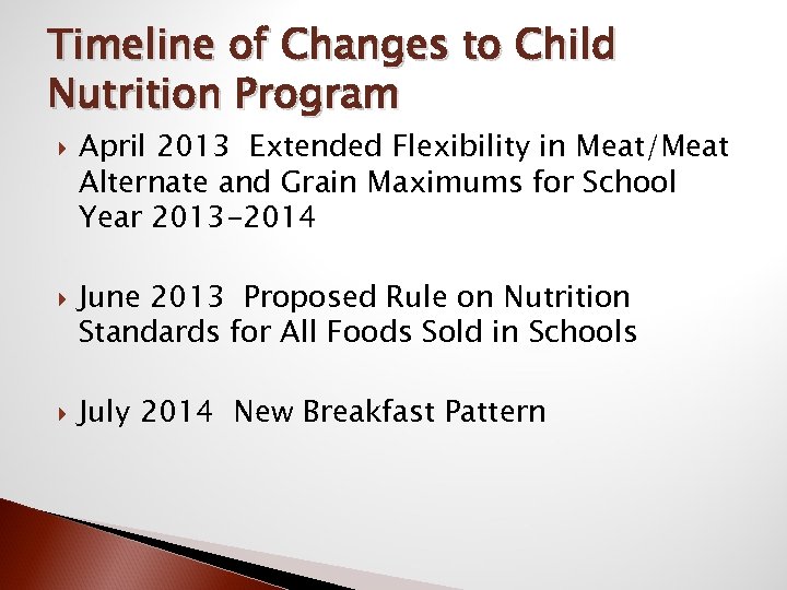 Timeline of Changes to Child Nutrition Program April 2013 Extended Flexibility in Meat/Meat Alternate