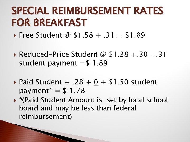 SPECIAL REIMBURSEMENT RATES FOR BREAKFAST Free Student @ $1. 58 +. 31 = $1.