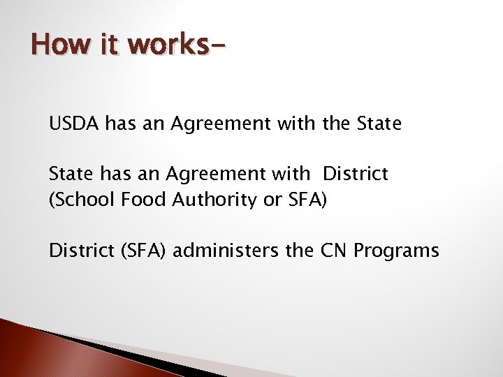 How it works. USDA has an Agreement with the State has an Agreement with