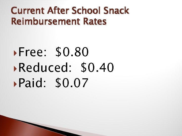 Current After School Snack Reimbursement Rates Free: $0. 80 Reduced: $0. 40 Paid: $0.