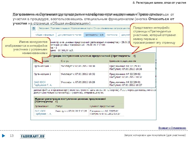 8. Регистрация заявки, отказ от участия Направленные Организатору предложения отображаются на странице «Претенденты» До