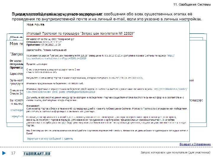 11. Сообщения Системы В ходе торговой процедуры участник получает сообщения обо всех существенных этапах