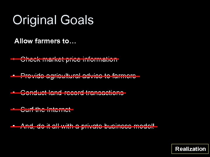 Original Goals Allow farmers to… • Check market price information • Provide agricultural advice