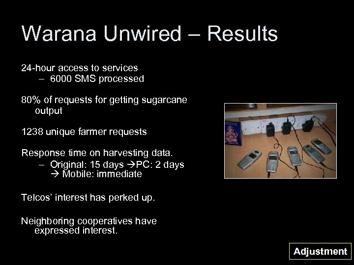 Warana Unwired – Results 24 -hour access to services – 6000 SMS processed 80%