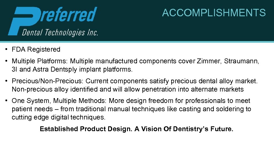 ACCOMPLISHMENTS • FDA Registered • Multiple Platforms: Multiple manufactured components cover Zimmer, Straumann, 3