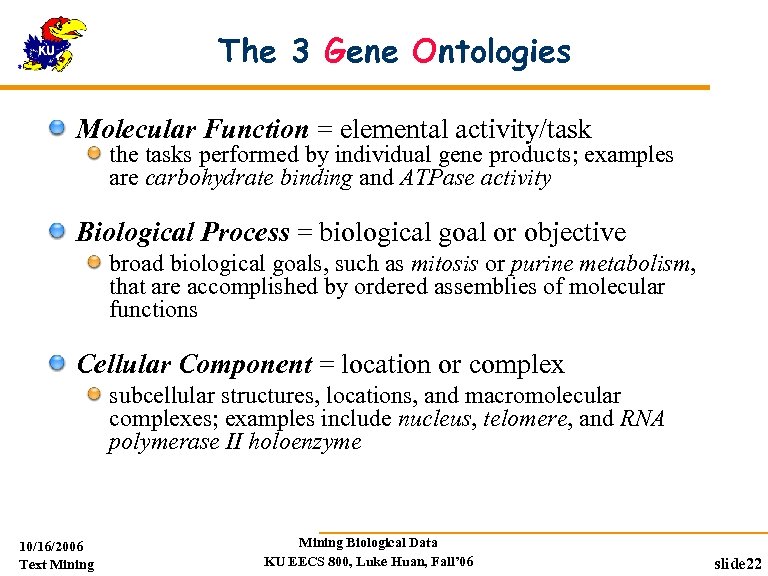 The 3 Gene Ontologies Molecular Function = elemental activity/task the tasks performed by individual