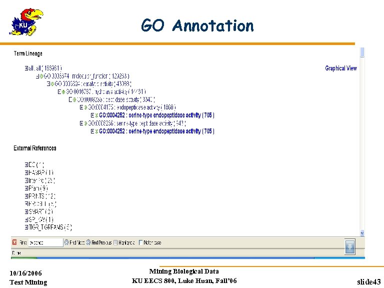 GO Annotation 10/16/2006 Text Mining Biological Data KU EECS 800, Luke Huan, Fall’ 06