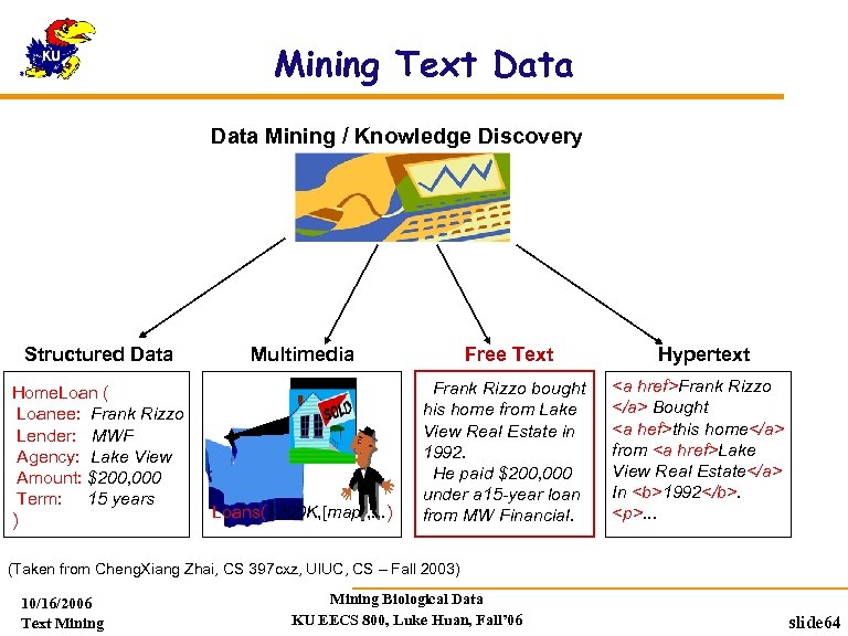 Mining Text Data Mining / Knowledge Discovery Structured Data Home. Loan ( Loanee: Frank