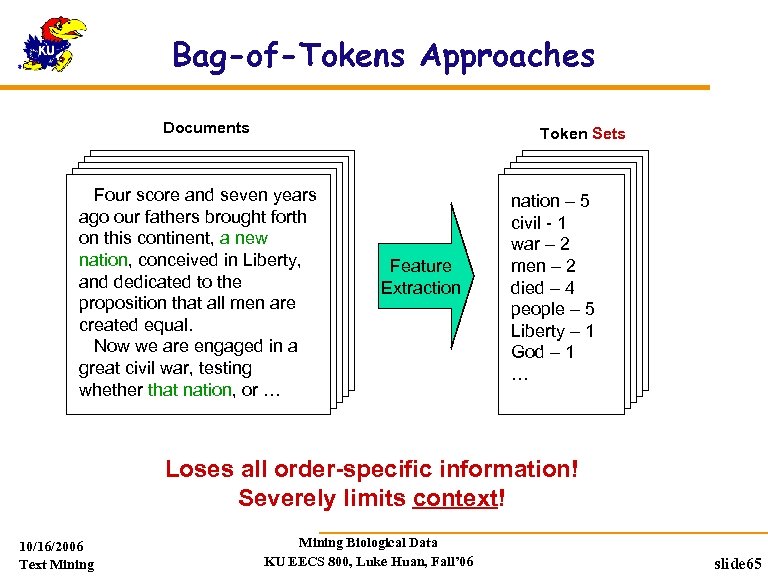 Bag-of-Tokens Approaches Documents Token Sets Four score and seven years ago our fathers brought