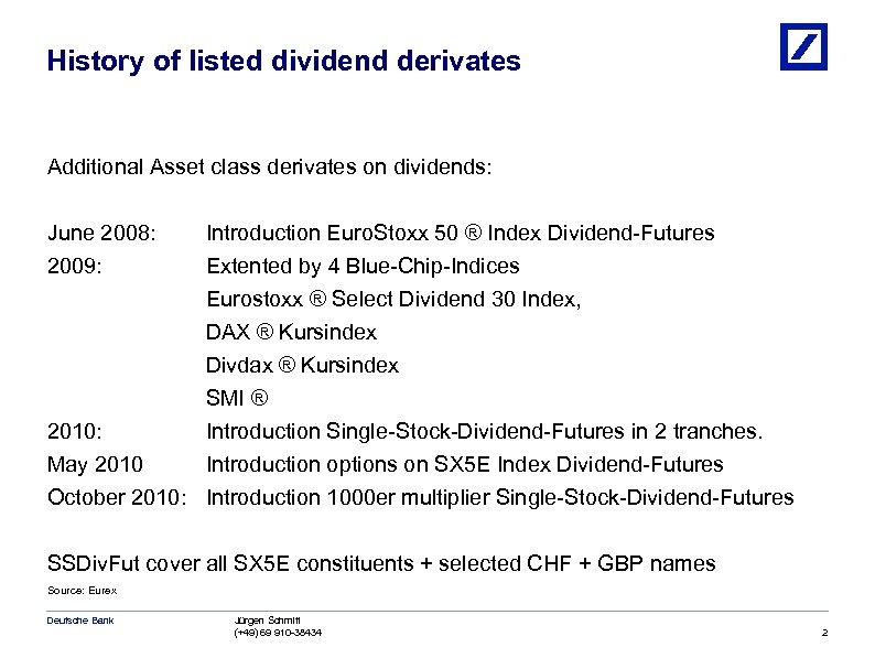 History of listed dividend derivates Additional Asset class derivates on dividends: June 2008: 2009: