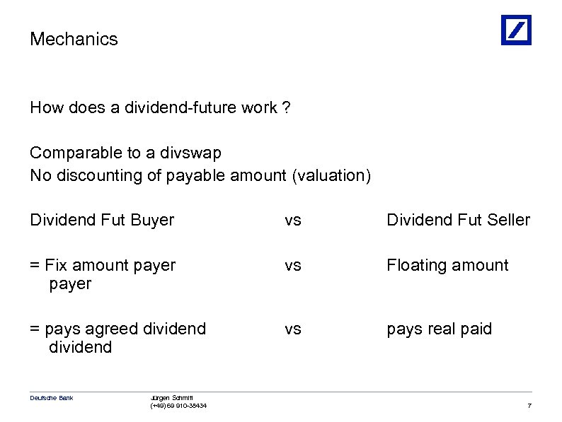 Mechanics How does a dividend-future work ? Comparable to a divswap No discounting of