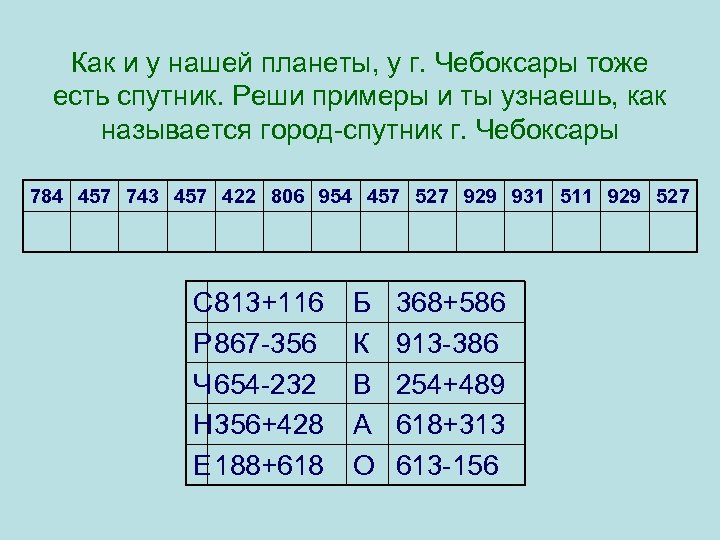 Как и у нашей планеты, у г. Чебоксары тоже есть спутник. Реши примеры и