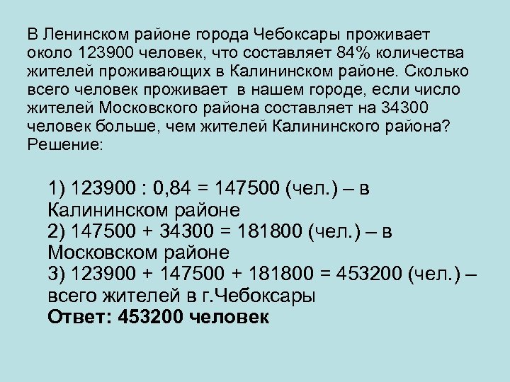В Ленинском районе города Чебоксары проживает около 123900 человек, что составляет 84% количества жителей