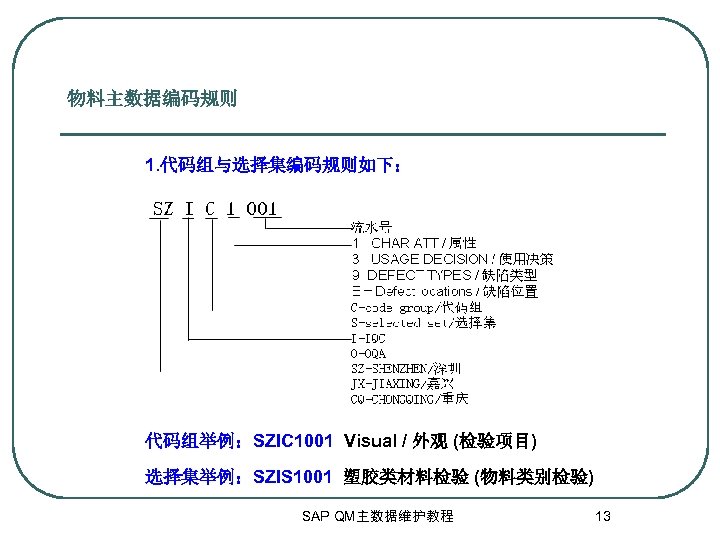 物料主数据编码规则 1. 代码组与选择集编码规则如下： 代码组举例：SZIC 1001 Visual / 外观 (检验项目) 选择集举例：SZIS 1001 塑胶类材料检验 (物料类别检验) SAP
